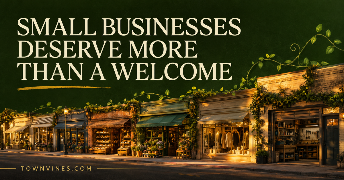 Illustrated storefront scene with the headline "Small Businesses Deserve More Than a Welcome" over a warm, lantern-lit row of local shops, TownVines.com