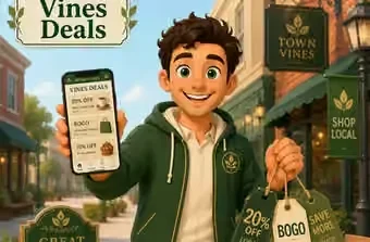 A resident holding a phone showing local deals alongside paper discount tags