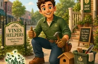 A helper kneeling on a sidewalk with work gloves, a hammer, a tool bin and a birdhouse