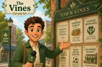 A TownVines reporter beside a community bulletin board of local events and volunteer notices